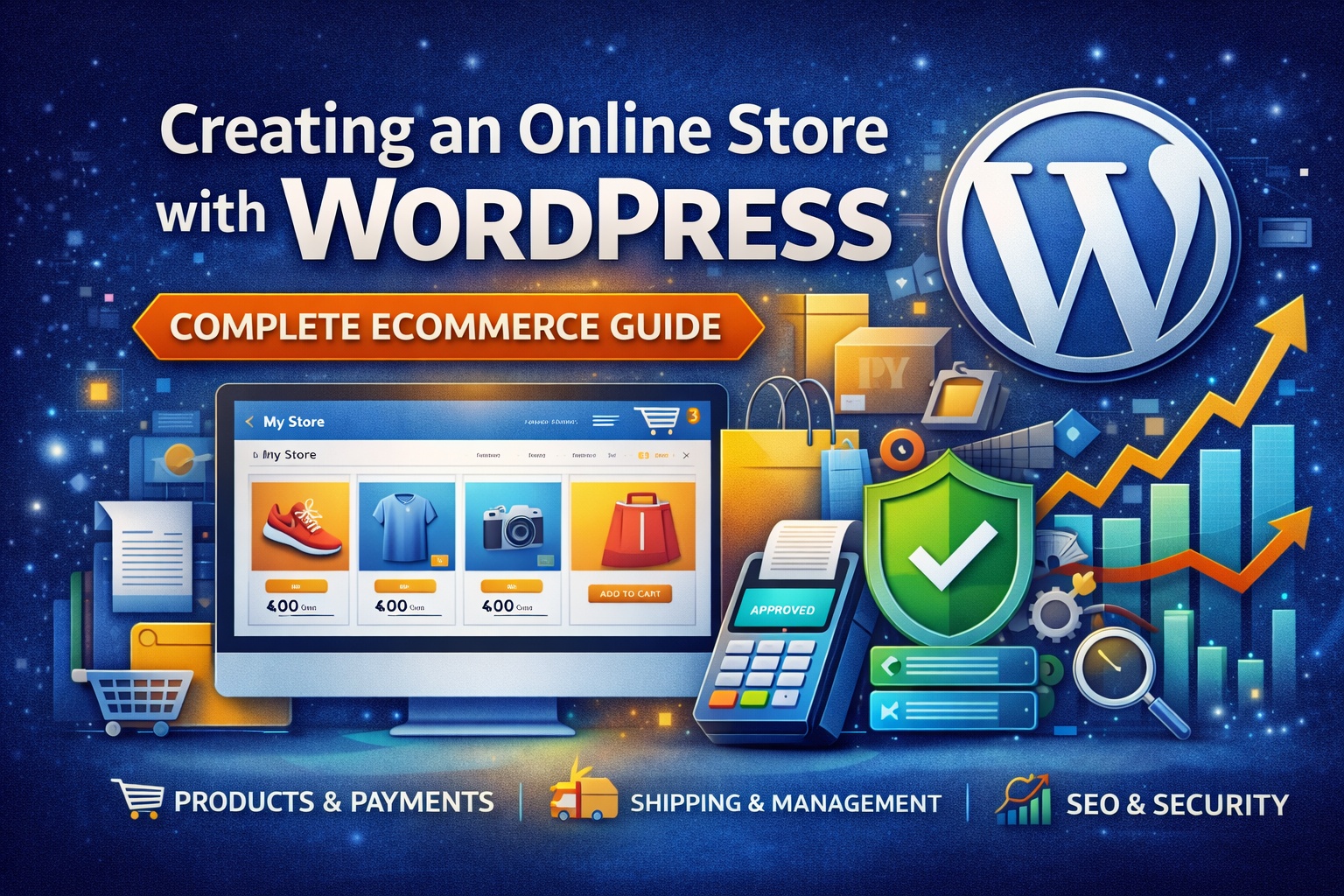 Hero banner illustration showing an online store built with WordPress, featuring product listings, shopping cart, payment gateway, security shield, shipping icons, and growth charts representing eCommerce functionality.