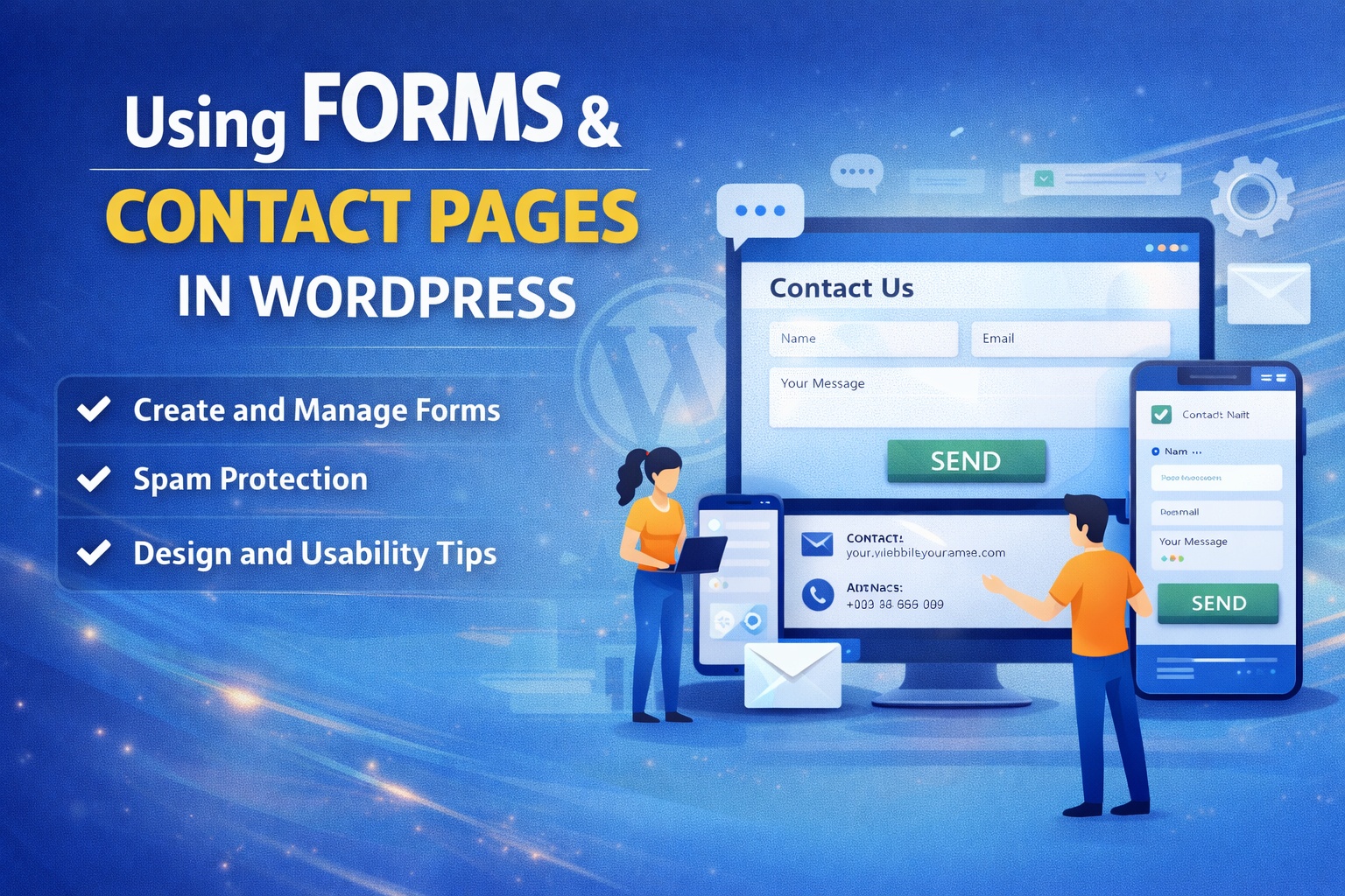 Illustration showing a WordPress contact page with a form, submit button, and contact details displayed on desktop and mobile screens, highlighting form creation, spam protection, and usability.