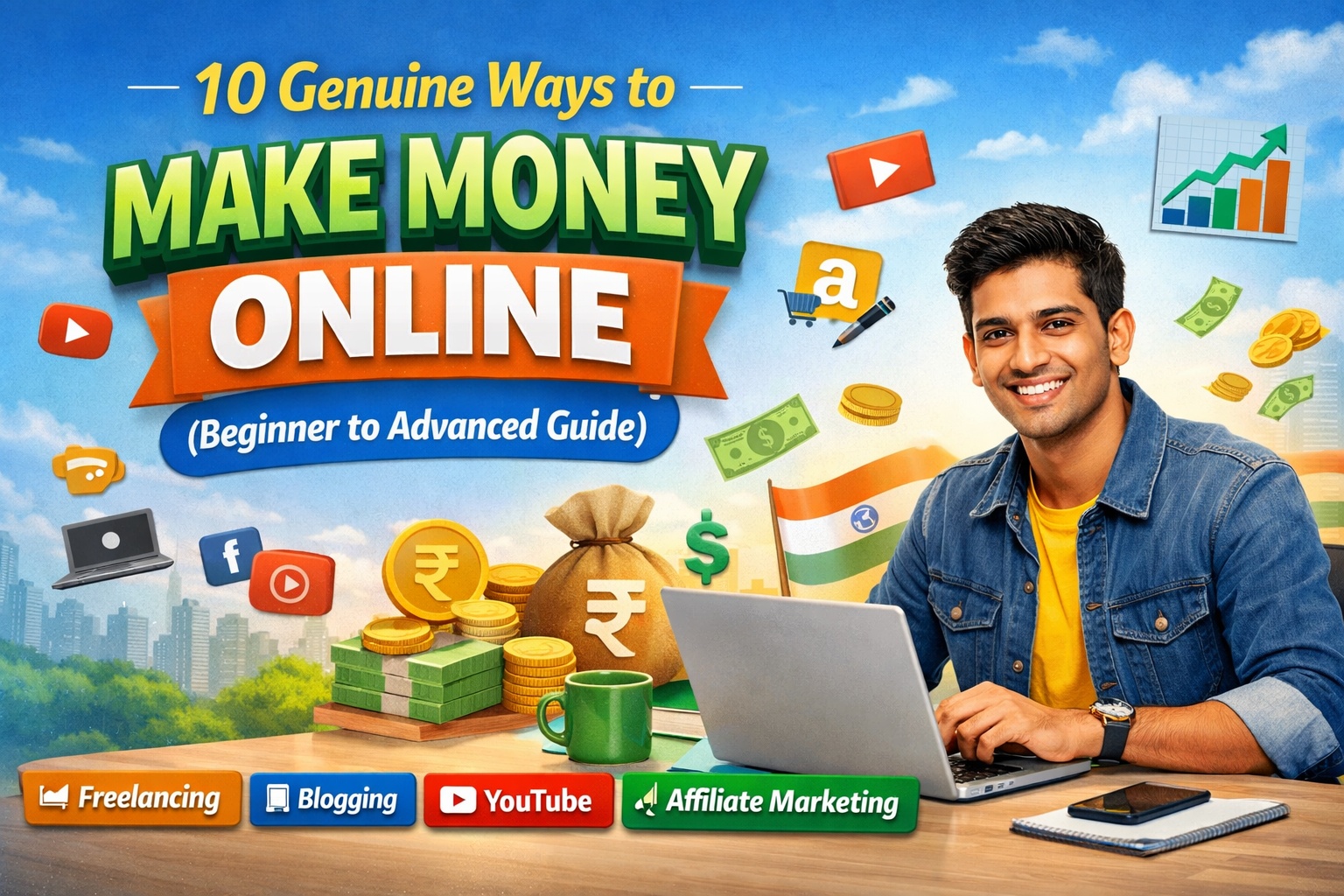 Young Indian man working on a laptop with money icons, YouTube, blogging and affiliate marketing symbols representing 10 genuine ways to make money online in India.