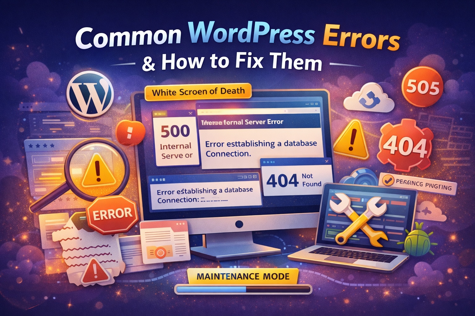 Hero banner illustration for “Common WordPress Errors and How to Fix Them” featuring a computer monitor displaying error messages such as 500 Internal Server Error, 404 Not Found, and database connection errors, along with warning icons, a magnifying glass, maintenance mode bar, and repair tools symbolizing WordPress troubleshooting and problem-solving.