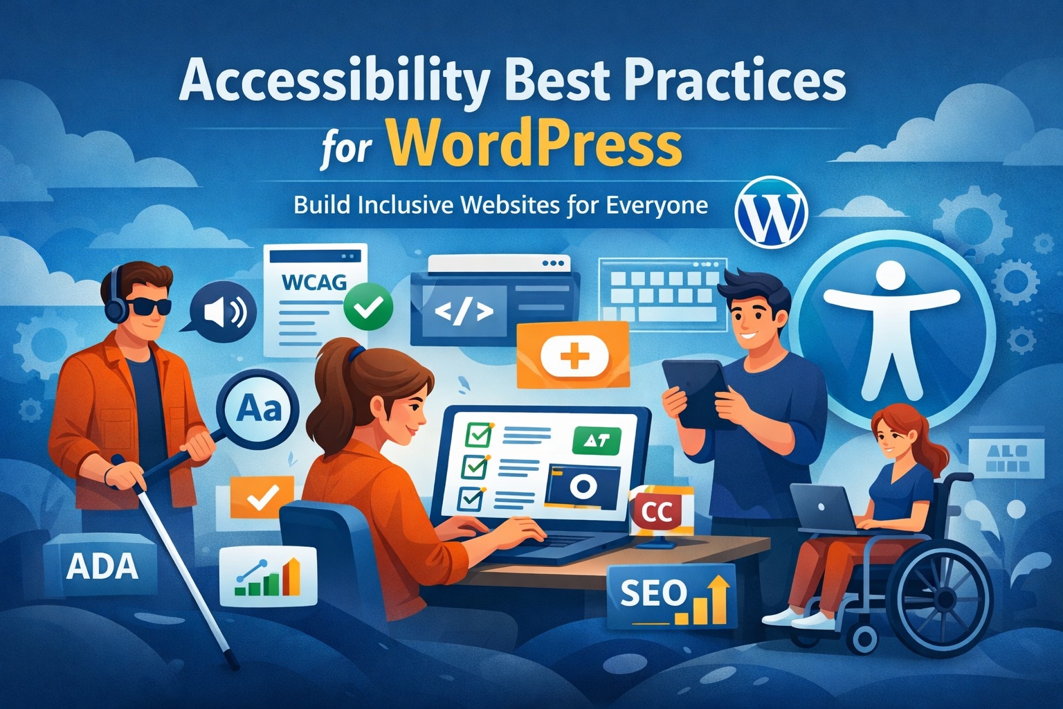 Hero banner illustration showing diverse people using digital devices with accessibility features, including a visually impaired man with a cane, a woman working on a laptop with an accessibility checklist, a man using a tablet, and a woman in a wheelchair, alongside icons representing WCAG, ADA, alt text, captions, SEO, and the WordPress logo under the heading “Accessibility Best Practices for WordPress – Build Inclusive Websites for Everyone.”