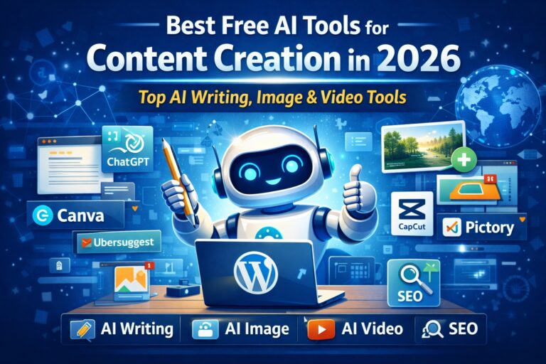 Illustration of a friendly AI robot using a laptop surrounded by AI writing, image, video, and SEO tool icons representing the best free AI tools for content creation in 2026.
