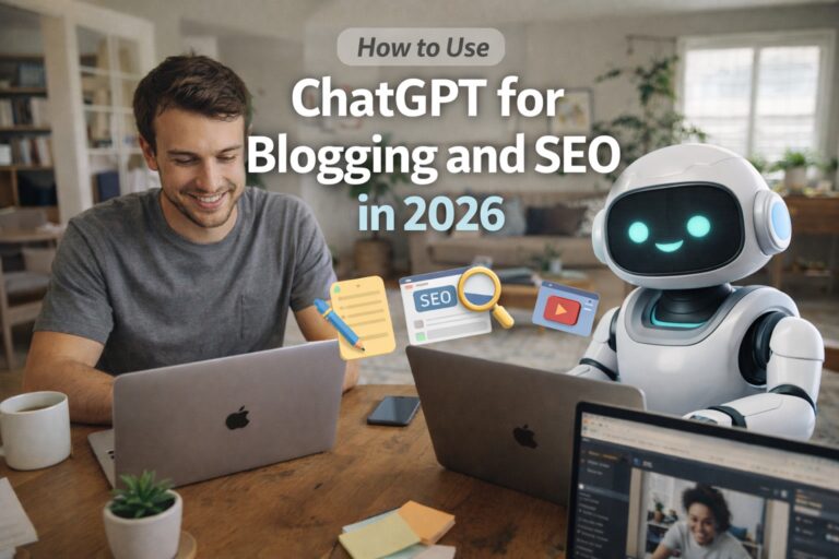 Illustration of a blogger working on a laptop with a friendly AI robot and SEO icons, representing how to use ChatGPT for blogging and SEO in 2026.