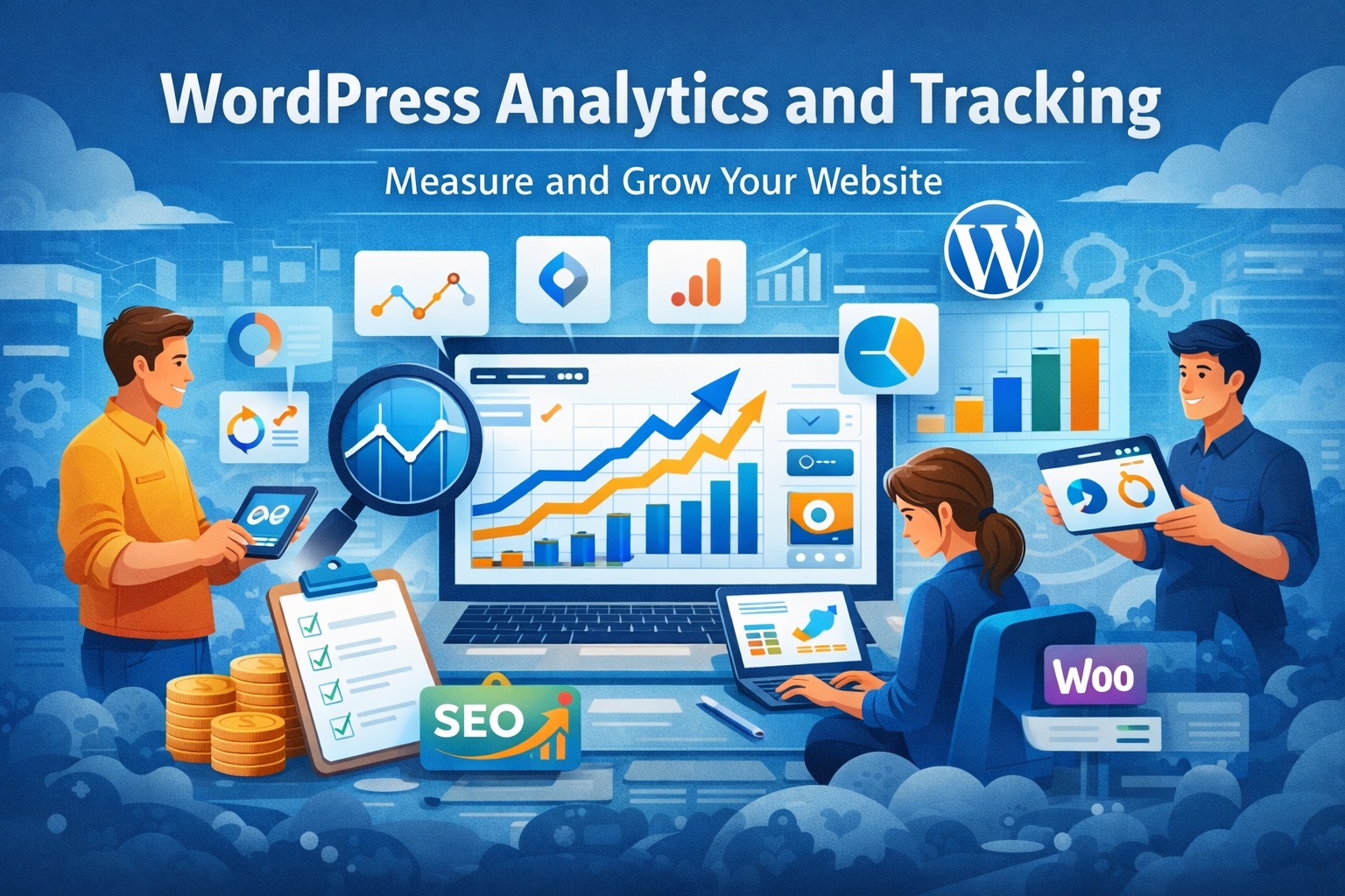 Hero banner illustration showing a laptop with analytics dashboards, upward-trending graphs, charts, and SEO metrics, surrounded by people analyzing data on tablets and laptops, with icons representing WordPress, WooCommerce, tracking tools, and website growth under the heading “WordPress Analytics and Tracking – Measure and Grow Your Website.”