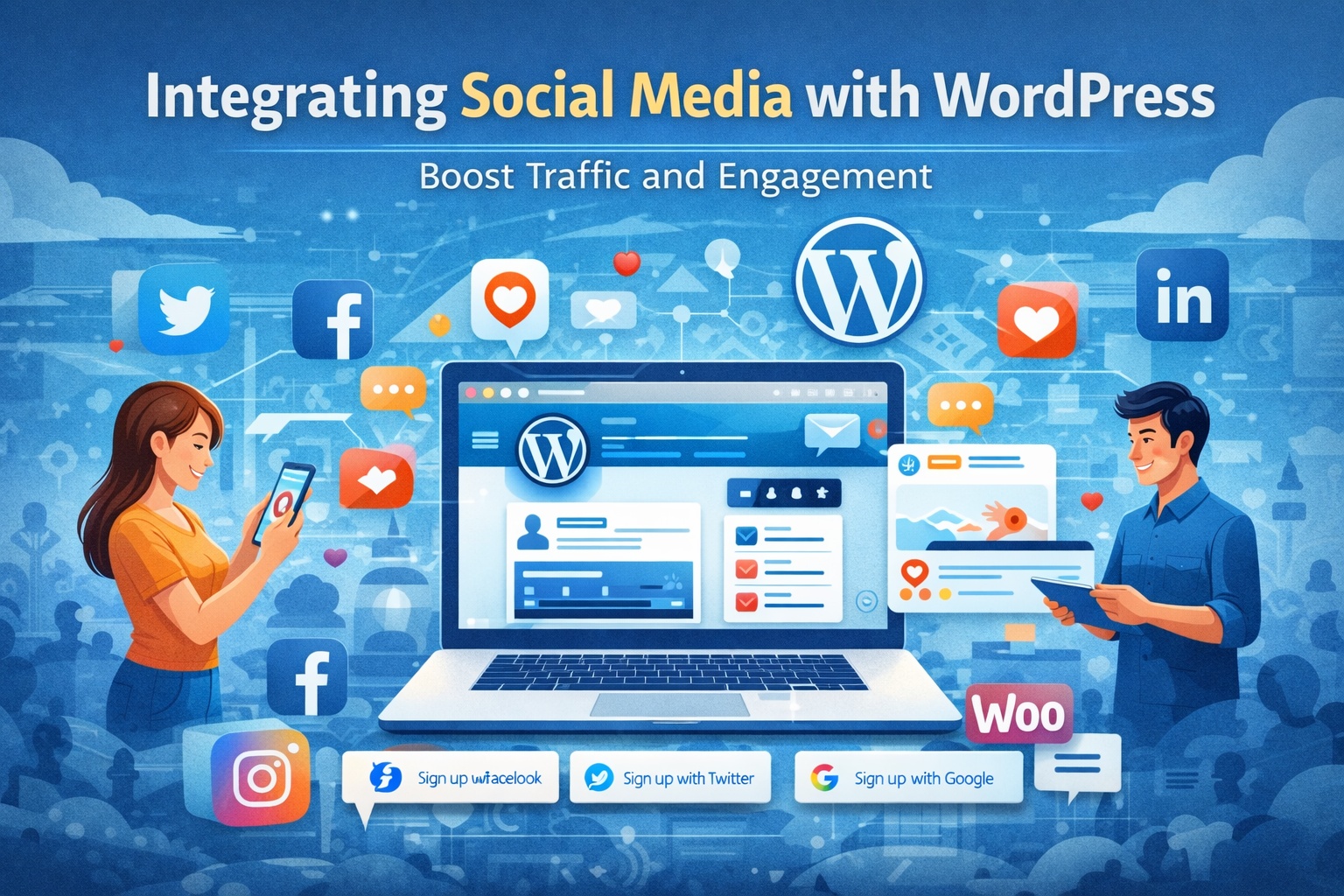 Hero banner illustration showing a WordPress website displayed on a laptop surrounded by social media icons like Facebook, Instagram, Twitter, and LinkedIn, with users engaging on mobile and tablet devices under the heading “Integrating Social Media with WordPress – Boost Traffic and Engagement.”