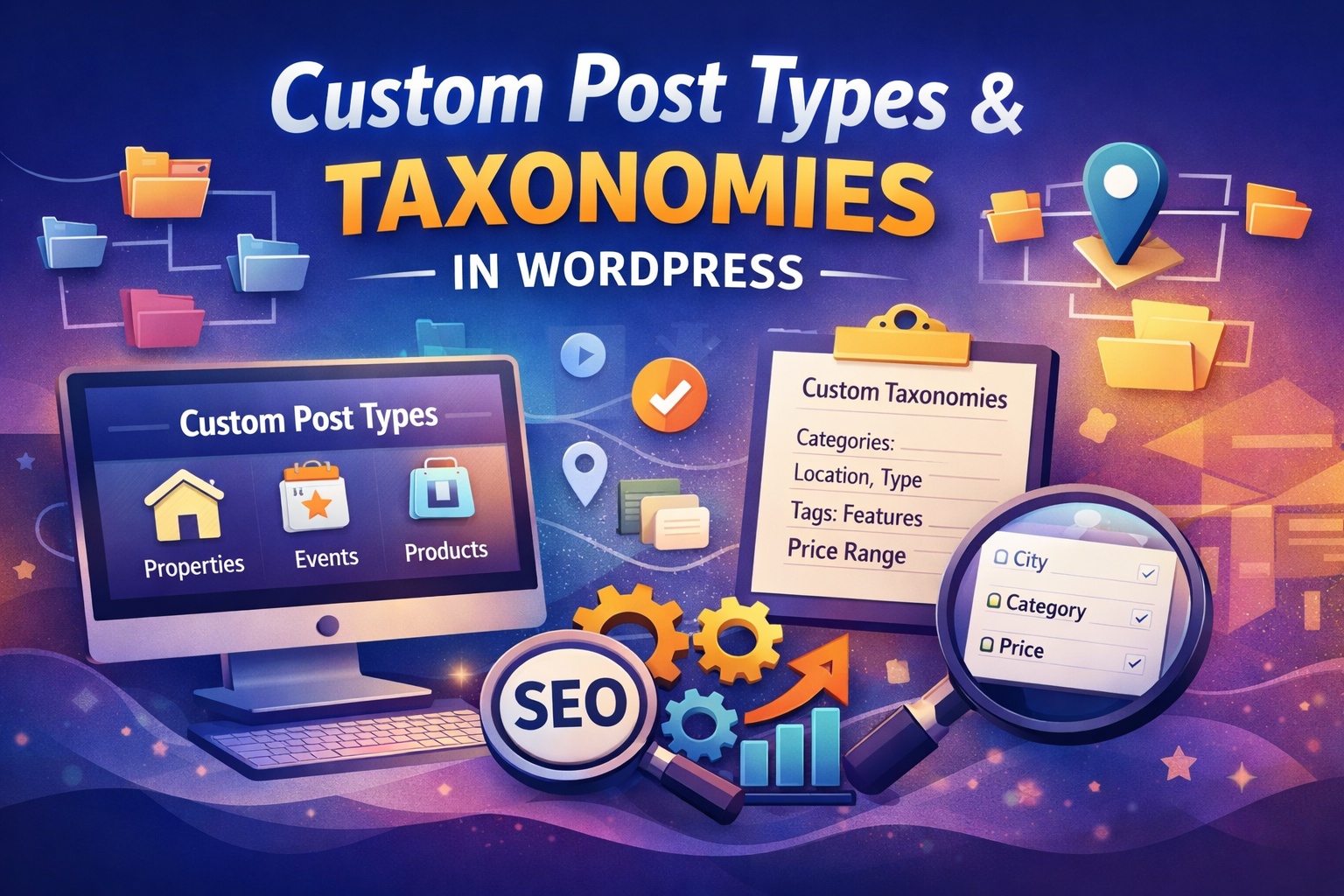 Hero banner illustration showing the concept of Custom Post Types and Taxonomies in WordPress, featuring a computer screen with content types like Properties, Events, and Products, alongside a clipboard listing custom taxonomies such as categories and tags, SEO icons, folders, gears, and a magnifying glass symbolizing structured content organization and optimization.