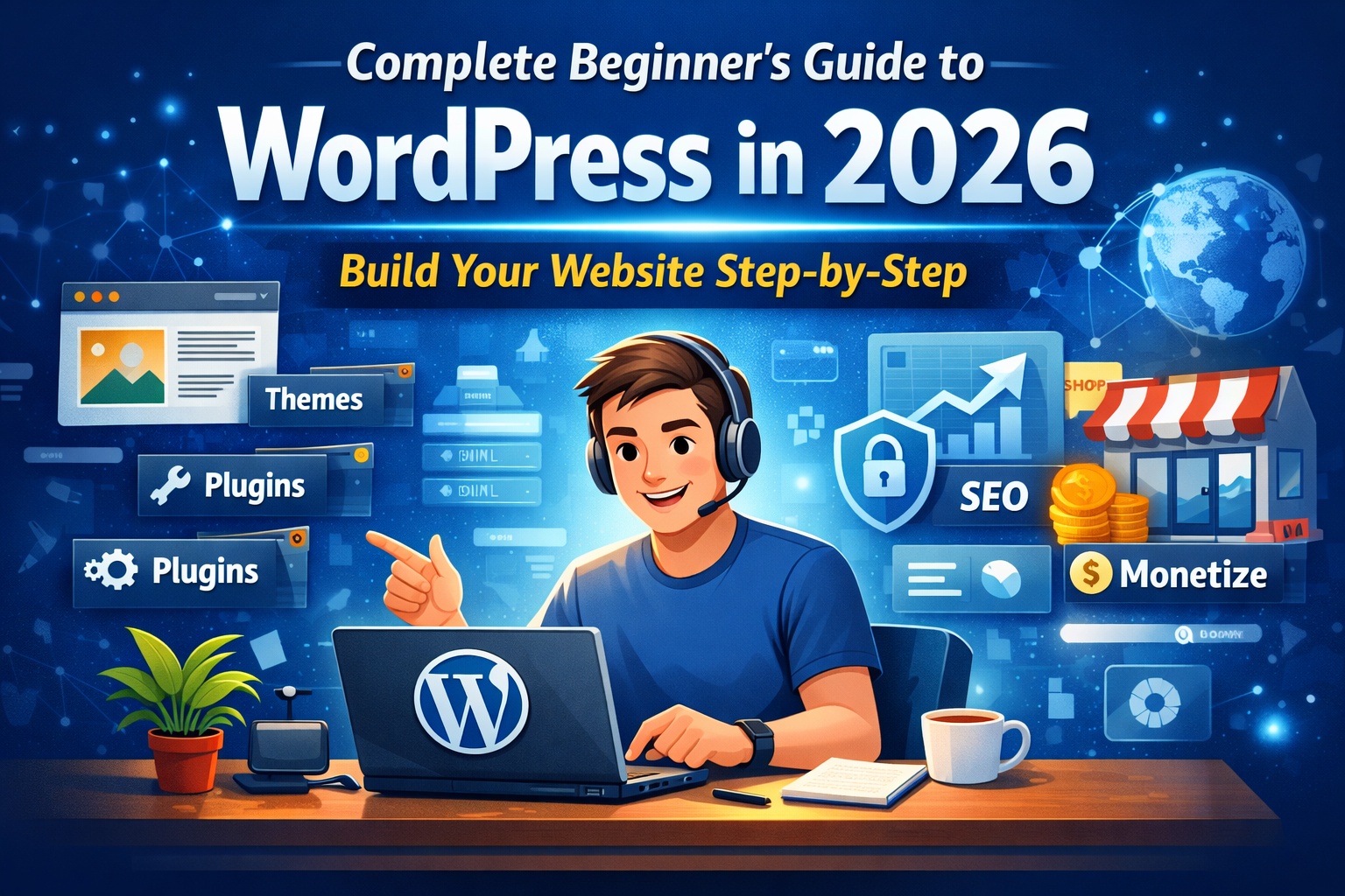 Illustration of a person using a laptop with WordPress dashboard, themes, plugins, SEO, and monetization icons representing a complete beginner’s guide to WordPress in 2026.