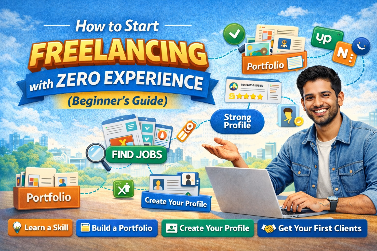 How to start freelancing with zero experience beginner guide banner showing steps like learn a skill, build portfolio, create profile, find jobs, and get first clients with a freelancer working on laptop