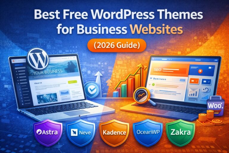 Best free WordPress themes for business websites 2026 guide banner showing business website layouts on laptops with SEO growth icons and theme badges like Astra, Neve, Kadence, OceanWP, and Zakra