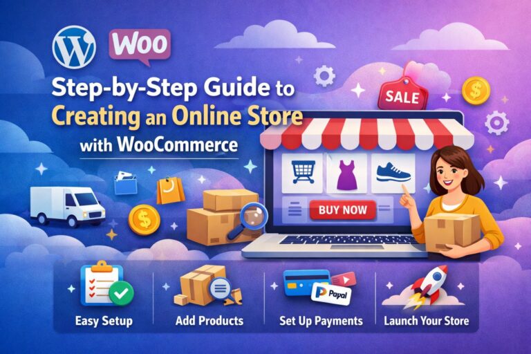 Hero banner illustration showing a laptop displaying an online store with product icons, shopping cart, sale tag, payment icons, delivery truck, and a woman holding a package, representing a step-by-step guide to creating an online store with WooCommerce.