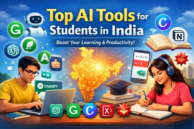 Hero banner illustration showing two Indian students using AI tools on a laptop and smartphone, with icons representing ChatGPT, Grammarly, Notion, Canva, and math apps, and a glowing map of India in the background, highlighting top AI tools for students in India.