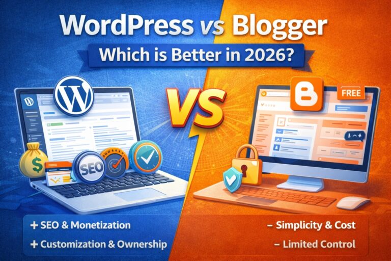 WordPress vs Blogger 2026 comparison banner showing WordPress dashboard with SEO and monetization icons on one side and Blogger interface with simplicity and free features on the other side separated by a VS symbol