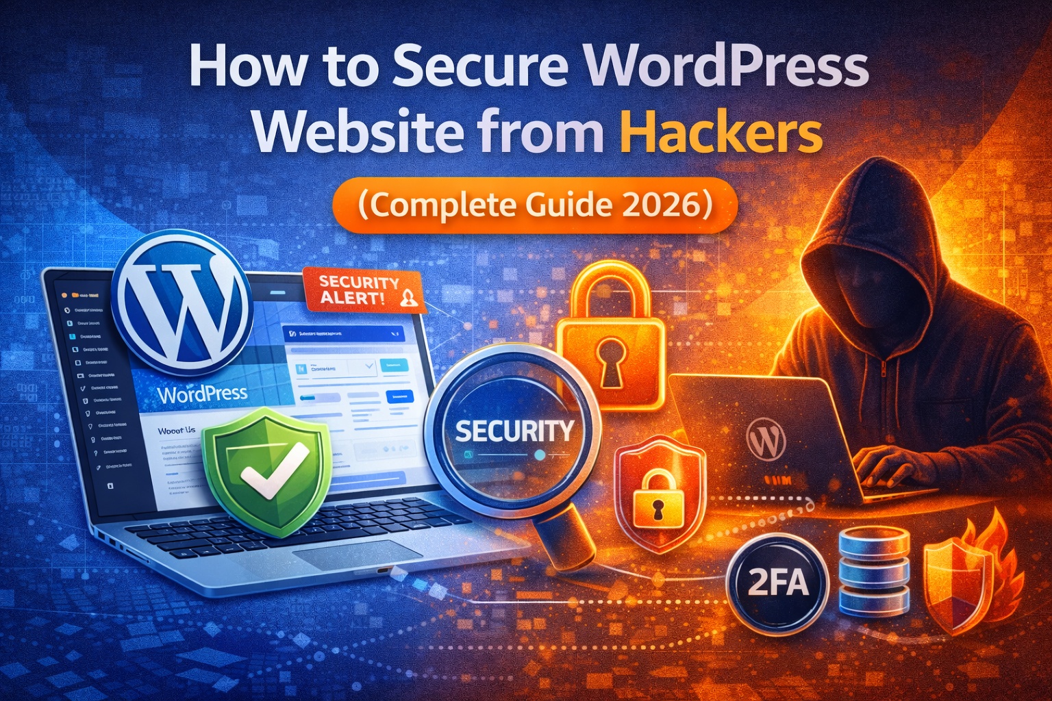 How to secure WordPress website from hackers 2026 guide banner showing WordPress dashboard on laptop, security shields, lock icons, 2FA symbol, and hacker illustration representing website protection