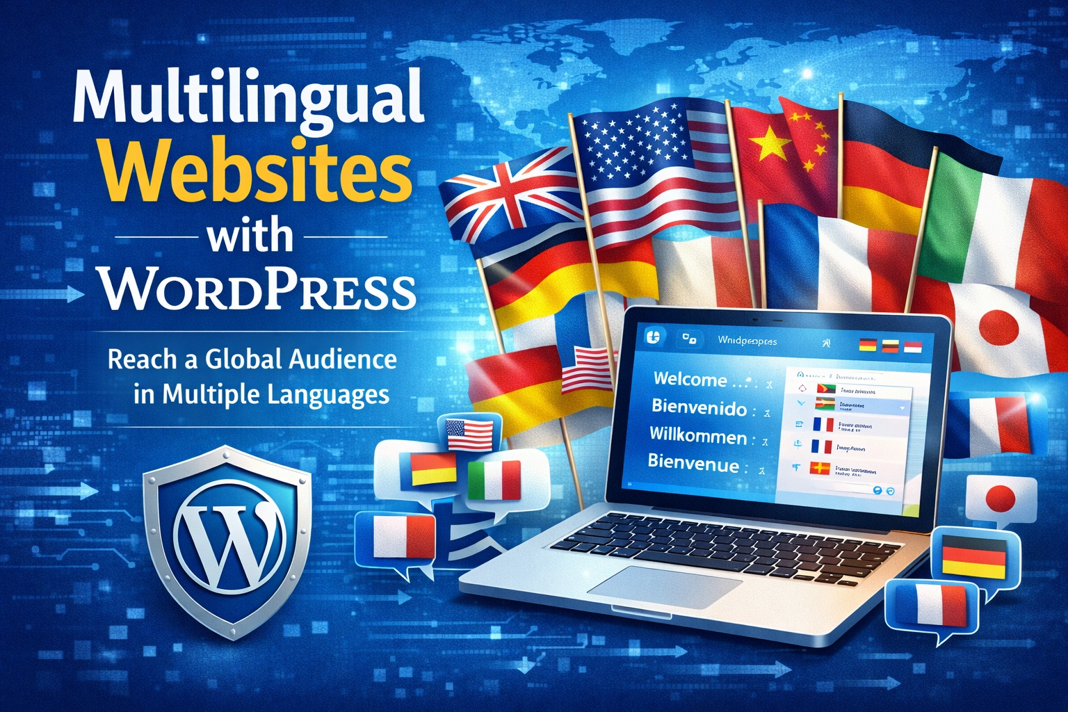 Multilingual WordPress website hero banner showing laptop with language selector, global flags, and WordPress logo representing multilingual content and worldwide reach.