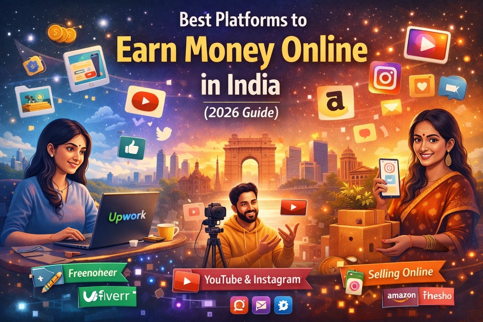 Illustration showing Indian freelancers, a YouTuber, and an online seller using platforms like freelancing websites, YouTube, Instagram, and Amazon under the title “Best Platforms to Earn Money Online in India (2026 Guide)” with a modern city background.
