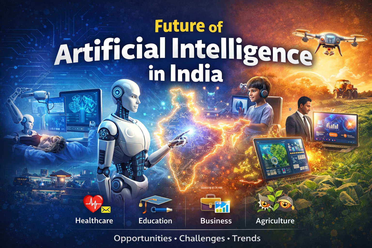 Future of Artificial Intelligence in India banner showing AI robot, digital India map, and applications in healthcare, education, business, and agriculture