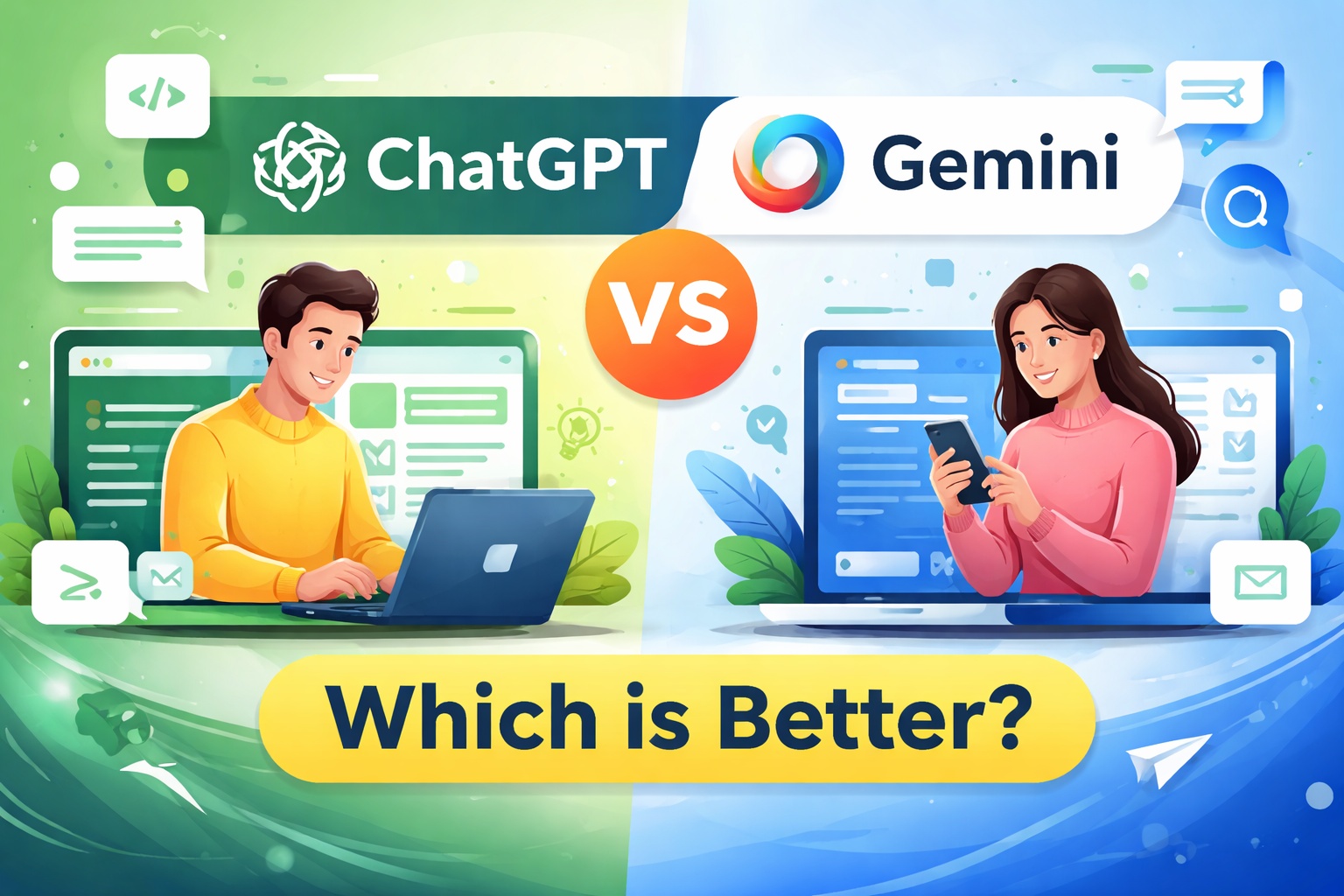 Illustration showing ChatGPT vs Gemini comparison with two users interacting with AI tools on laptops, highlighting features like writing assistance, coding, and search capabilities with the headline “Which is Better?”.