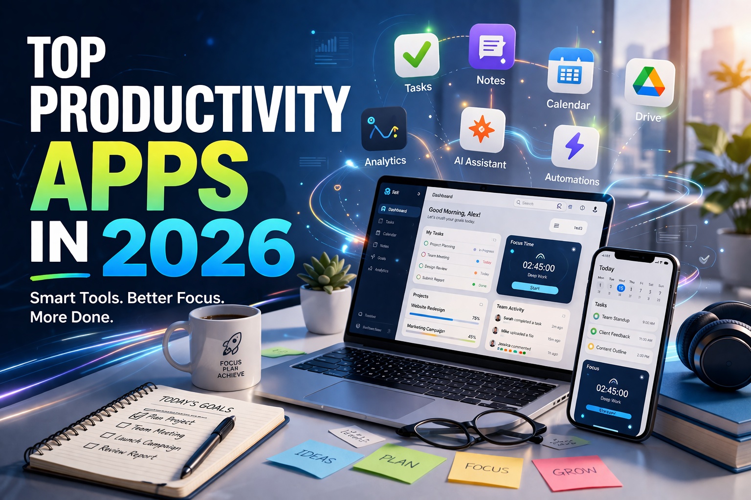 Futuristic productivity workspace featuring laptop and smartphone dashboards, task and note app icons, and digital tools, highlighting “Top Productivity Apps in 2026” with a modern, tech-driven office setup.