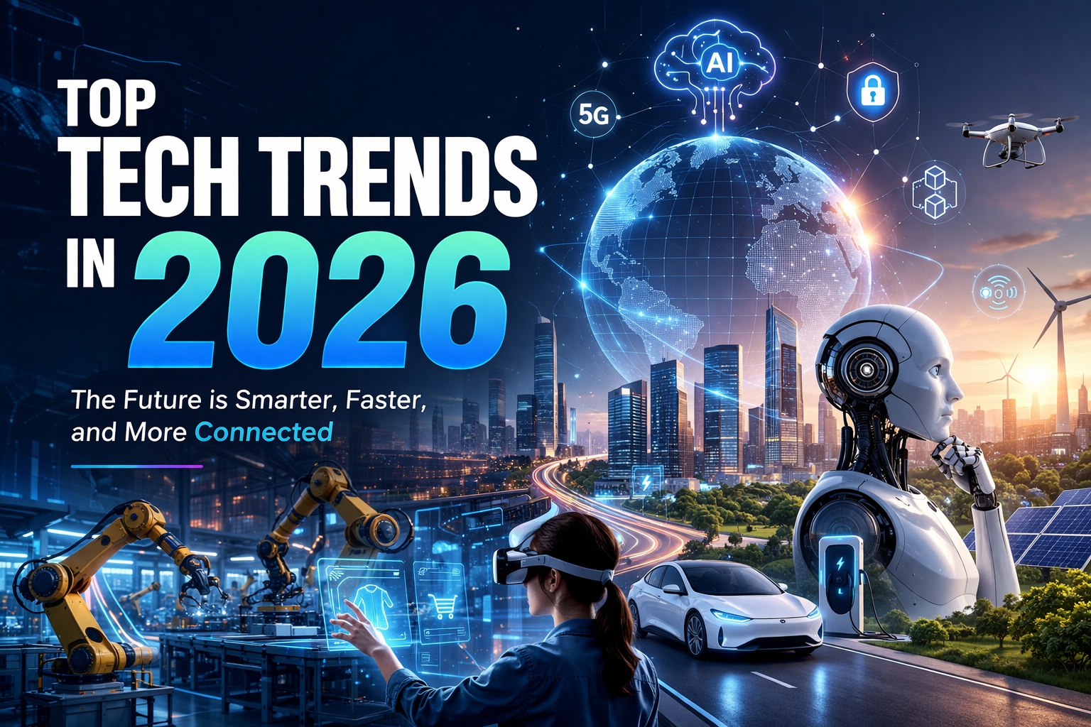 Futuristic hero banner showing a smart city with AI, robotics, 5G network, electric vehicles, and digital globe, highlighting “Top Tech Trends in 2026” with advanced technology visuals and connected innovations.