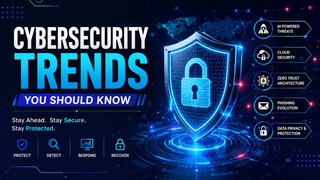 Modern cybersecurity banner featuring a secure digital network, shield icon, encrypted data, hacker protection visuals, glowing blue technology elements, and futuristic cyber defense concepts representing the latest cybersecurity trends in 2026.