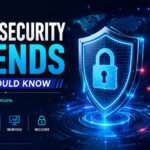 Modern cybersecurity banner featuring a secure digital network, shield icon, encrypted data, hacker protection visuals, glowing blue technology elements, and futuristic cyber defense concepts representing the latest cybersecurity trends in 2026.
