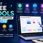 Best Free AI Tools for Content Creation in 2026 hero banner featuring AI writing, image generation, design, voice, and video editing tools with a laptop, AI assistant, and content creation workspace.