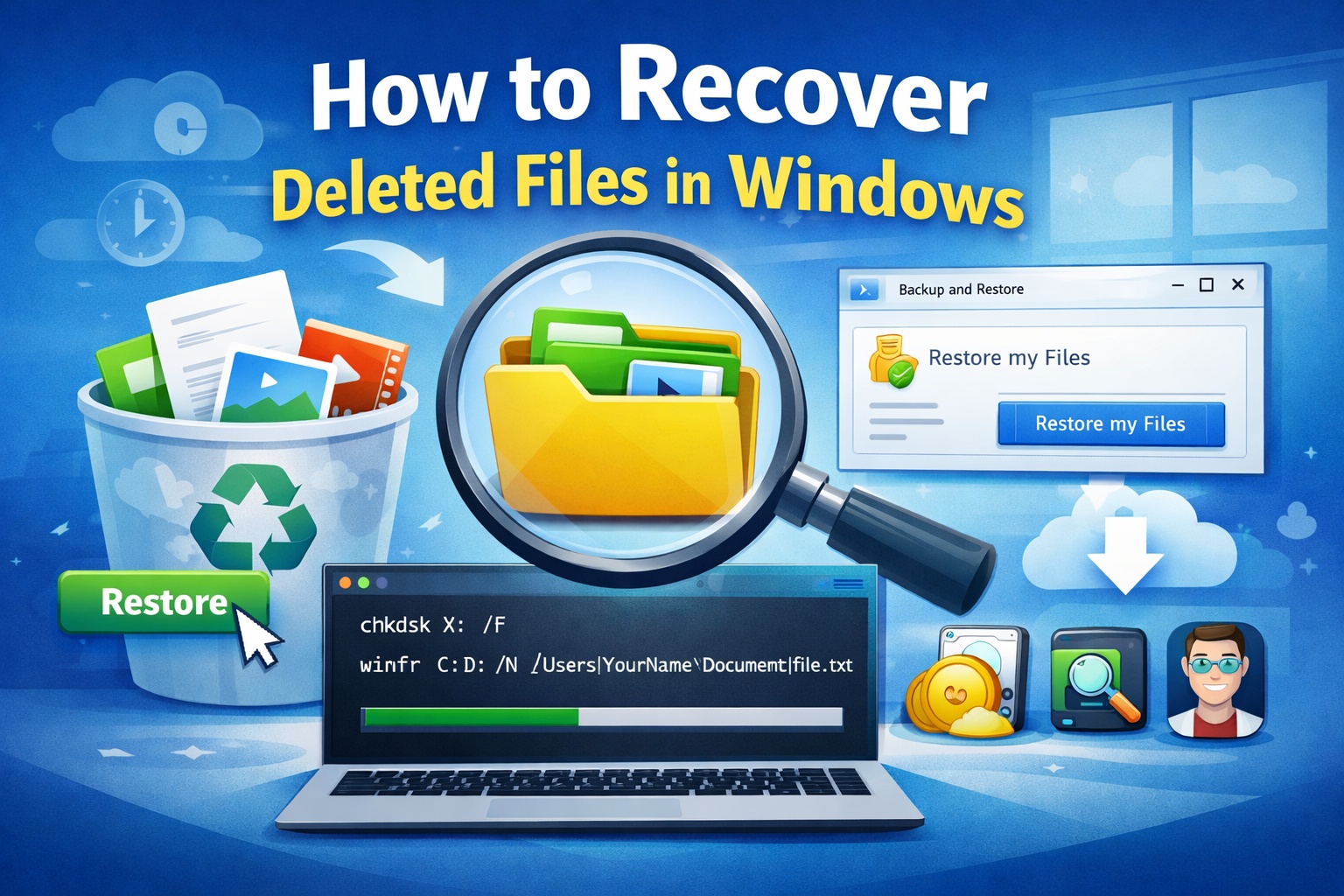 Illustration of recovering deleted files in Windows showing a recycle bin, file folder under a magnifying glass, laptop with recovery commands, and restore options on screen.