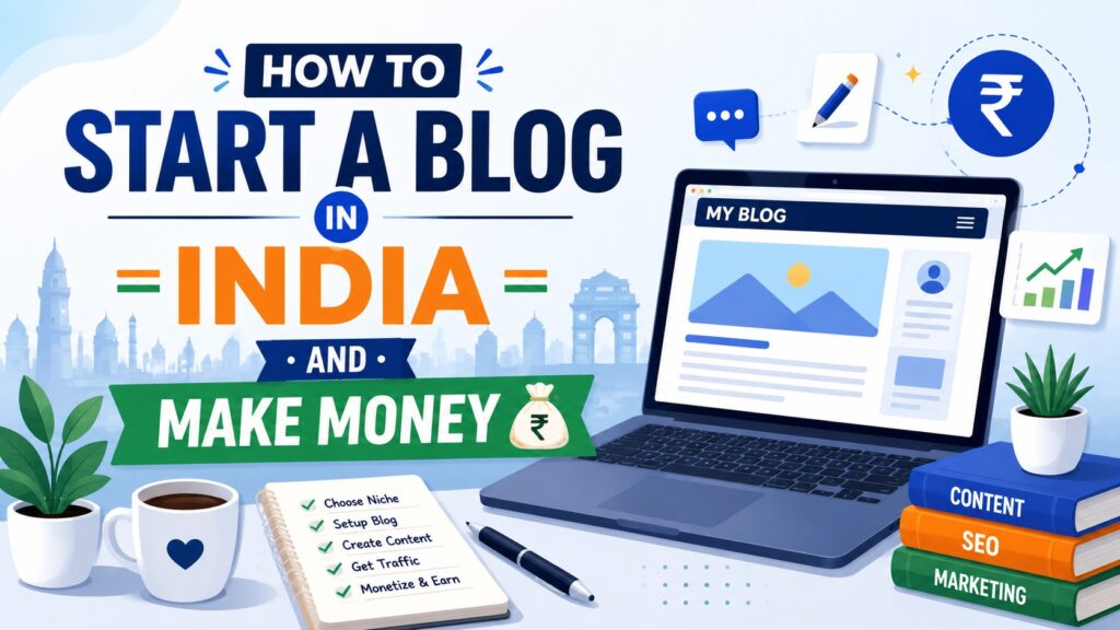 Illustration of a laptop displaying a blog website, surrounded by SEO, content marketing, and monetization elements, with the title “How to Start a Blog in India and Make Money” and symbols representing blogging growth and online earnings.