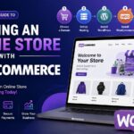 A modern WooCommerce tutorial banner featuring the title "Step-by-Step Guide to Creating an Online Store with WooCommerce." The design includes a laptop displaying a professional eCommerce website, WooCommerce and WordPress branding, a six-step online store setup process, shopping cart icons, product showcases, and a dark blue and purple gradient background with futuristic digital elements, representing an easy guide to building and launching an online store.