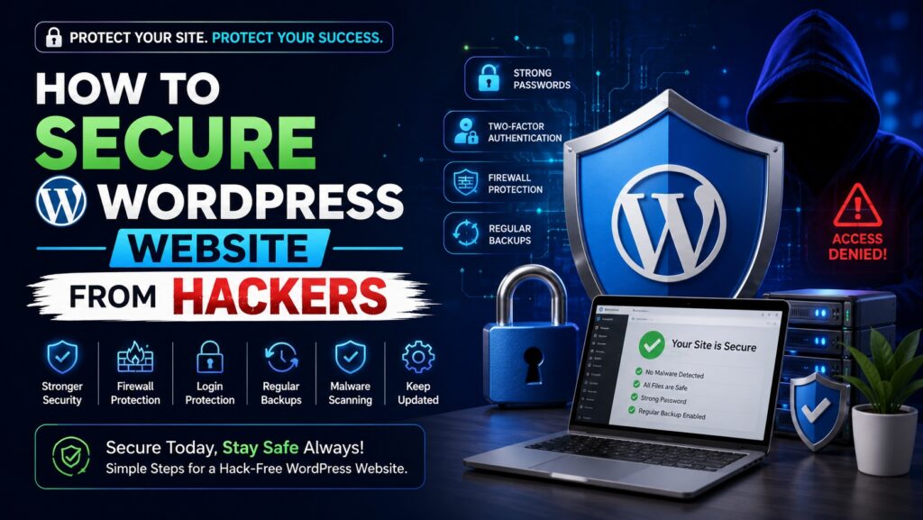 A cybersecurity-themed banner titled "How to Secure WordPress Website from Hackers" featuring a large WordPress shield, padlock, secure laptop dashboard, server racks, and a hooded hacker with an "Access Denied" warning. The dark blue digital background includes icons for strong passwords, two-factor authentication, firewall protection, malware scanning, regular backups, and software updates, highlighting essential WordPress security practices.