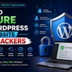 A cybersecurity-themed banner titled "How to Secure WordPress Website from Hackers" featuring a large WordPress shield, padlock, secure laptop dashboard, server racks, and a hooded hacker with an "Access Denied" warning. The dark blue digital background includes icons for strong passwords, two-factor authentication, firewall protection, malware scanning, regular backups, and software updates, highlighting essential WordPress security practices.