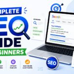 Modern SEO hero banner featuring a laptop displaying search engine results, keyword research tools, analytics dashboards, SEO score metrics, growth charts, and a magnifying glass, alongside the headline “Complete SEO Guide for Beginners” highlighting SEO basics, keyword optimization, and website traffic growth.