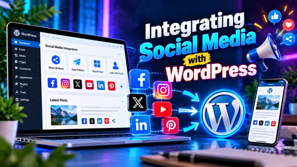Integrating social media with WordPress banner featuring a WordPress dashboard, social media icons, sharing tools, auto-publishing, social feeds, and mobile integration.