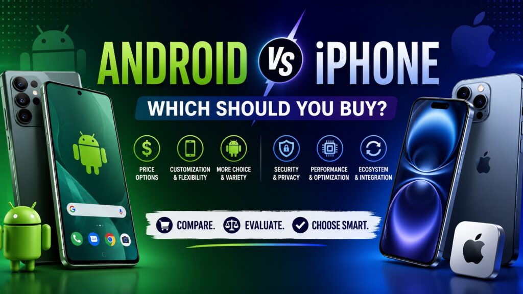 Hero banner comparing Android and iPhone smartphones with modern mobile devices, performance, security, customization, ecosystem, and buying guide for choosing the best smartphone.