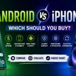 Hero banner comparing Android and iPhone smartphones with modern mobile devices, performance, security, customization, ecosystem, and buying guide for choosing the best smartphone.