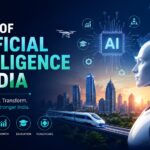 Futuristic banner illustrating the future of artificial intelligence in India, featuring a humanoid AI robot, a glowing AI processor, India's map with the national tricolor, a modern smart city skyline, high-speed train, drone, and digital technology icons on a dark blue background, symbolizing innovation, automation, education, healthcare, and technological growth.