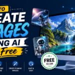 Modern blue-themed banner illustrating how to create images using AI for free, featuring a computer displaying AI-generated artwork, floating examples of an astronaut, robot, portrait, and futuristic city, with bold typography promoting free AI image generation tools.