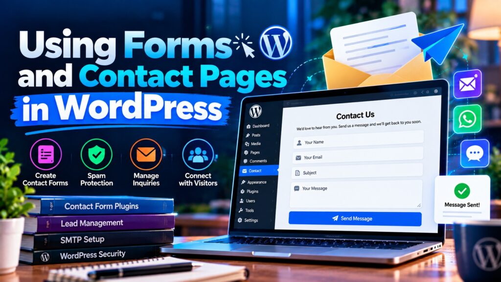Using Forms and Contact Pages in WordPress banner featuring a WordPress contact form, message fields, spam protection, inquiry management, and visitor communication tools.