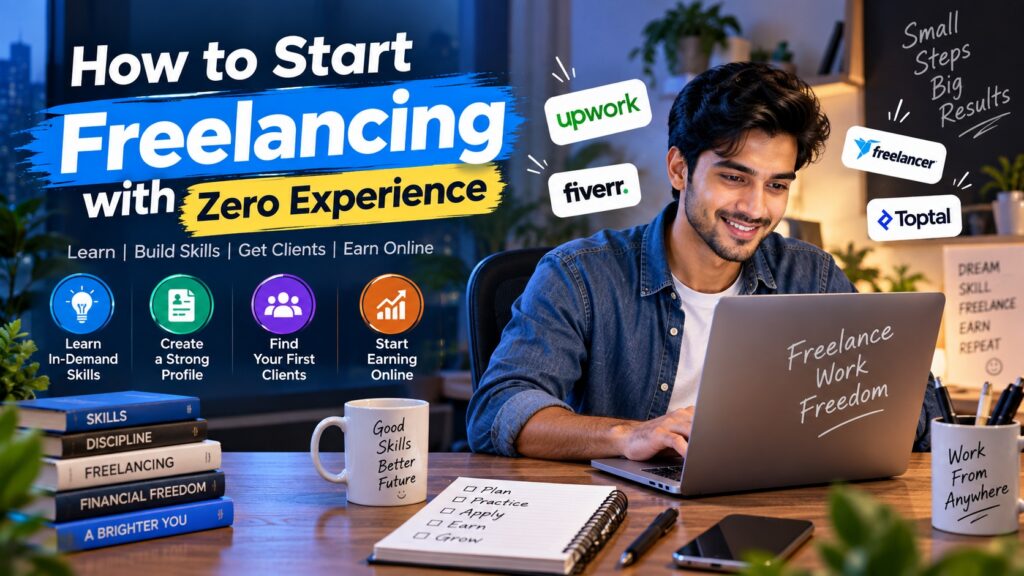 Young freelancer working on a laptop from home with freelancing platform icons and beginner steps, illustrating “How to Start Freelancing with Zero Experience.