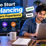 Young freelancer working on a laptop from home with freelancing platform icons and beginner steps, illustrating “How to Start Freelancing with Zero Experience.