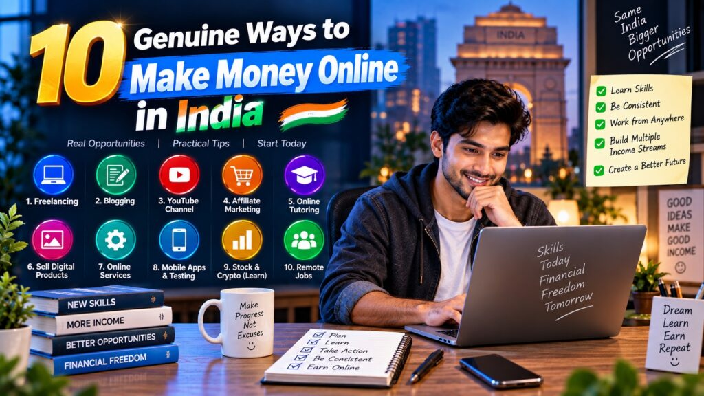 Young Indian professional working on a laptop with icons representing freelancing, blogging, YouTube, affiliate marketing, online tutoring, and remote jobs, illustrating “10 Genuine Ways to Make Money Online in India.