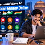 Young Indian professional working on a laptop with icons representing freelancing, blogging, YouTube, affiliate marketing, online tutoring, and remote jobs, illustrating “10 Genuine Ways to Make Money Online in India.