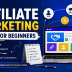 Affiliate marketing guide for beginners banner featuring a laptop, affiliate marketing icons, checklist, coins, and steps for finding programs, creating content, driving traffic, and earning commissions.