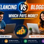 Freelancing vs Blogging comparison banner showing a freelancer and blogger working on laptops, highlighting skills, clients, traffic, income streams, passive income, and earning potential.