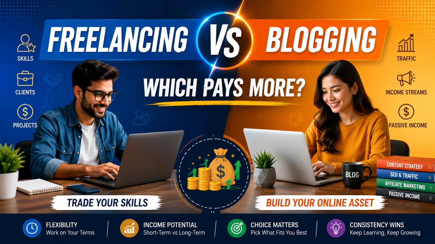 Freelancing vs Blogging comparison banner showing a freelancer and blogger working on laptops, highlighting skills, clients, traffic, income streams, passive income, and earning potential.