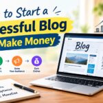 How to Start a Successful Blog and Make Money banner featuring a laptop with a blog website, rising income graph, blogging and SEO books, and steps for creating content, attracting visitors, growing an audience, and earning online.
