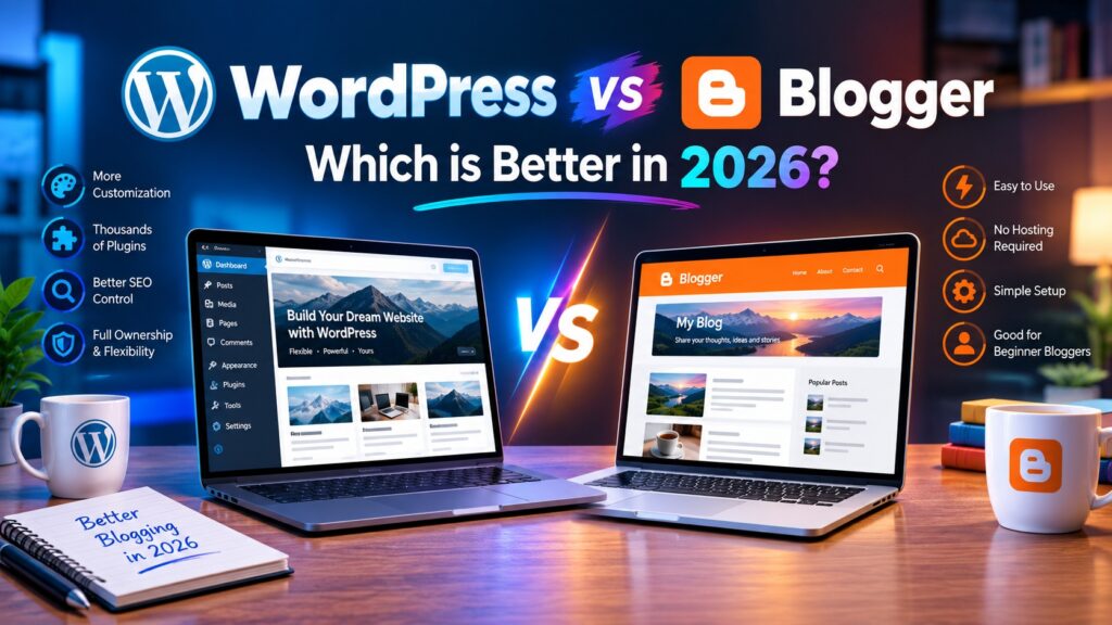 WordPress vs Blogger comparison banner showing two laptops with WordPress and Blogger interfaces, highlighting customization, plugins, SEO, ease of use, hosting, and beginner-friendly features, with the headline “Which is Better in 2026?
