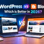 WordPress vs Blogger comparison banner showing two laptops with WordPress and Blogger interfaces, highlighting customization, plugins, SEO, ease of use, hosting, and beginner-friendly features, with the headline “Which is Better in 2026?