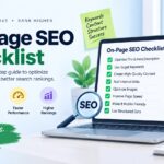 On-Page SEO Checklist banner showing SEO optimization steps, including keywords, meta descriptions, quality content, internal links, images, page speed, mobile friendliness, and structured data.