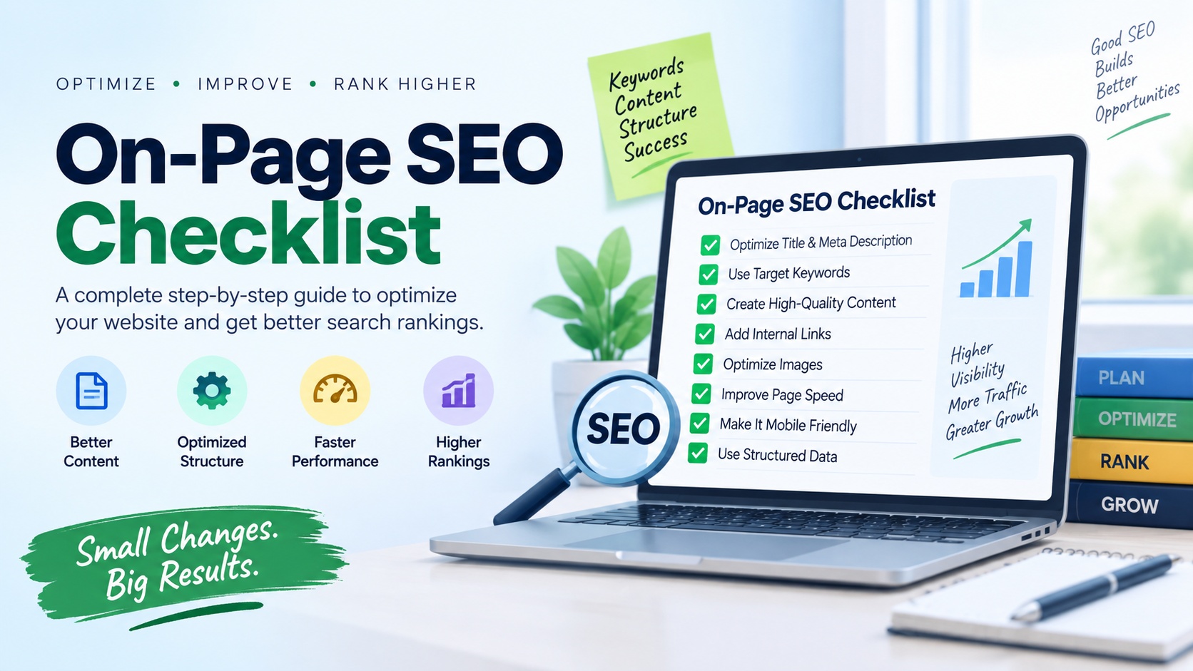 On-Page SEO Checklist banner showing SEO optimization steps, including keywords, meta descriptions, quality content, internal links, images, page speed, mobile friendliness, and structured data.